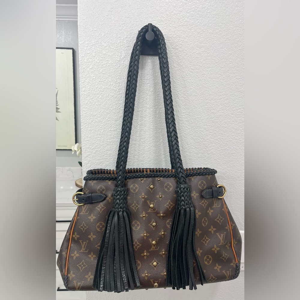 Louis Vuitton Black Brown Monogram Shoulder Megan Black with Studs Vintage Boho